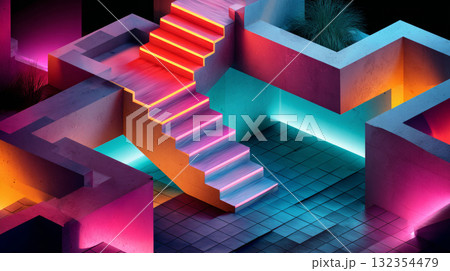 A set of glowing neon stairs in a futuristic, abstract environment with vibrant colors and geometric shapes A set of glowing neon stairs in a futuristic, abstract environment with vibrant colors and geometric shapes 132354479