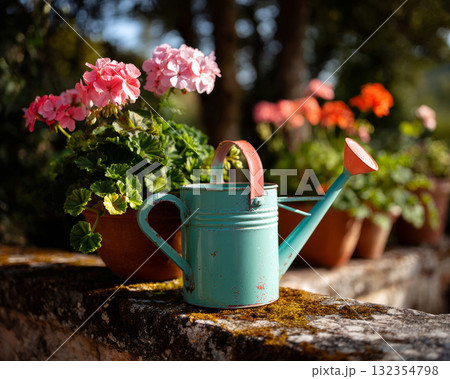 A vintage turquoise watering can with a red handle and spout, sitting on mossy stone ledge surrounded by blooming pink flowers in terracotta pots 132354798