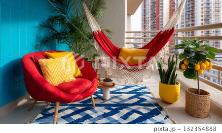 A cozy living room scene featuring a red armchair, a hanging yellow swing, a blue and white patterned rug, potted plants, and a citrus tree, all bathed in soft natural light that creates a warm and 132354888