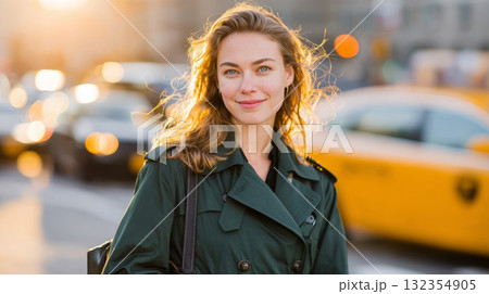 Smiling woman standing outdoors near traffic and yellow taxi during golden hour in the city 132354905
