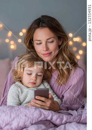 A close-up of a mother and child sharing a quiet moment on a bed, with soft lighting that captures their gentle expressions and warm interaction. 132354931