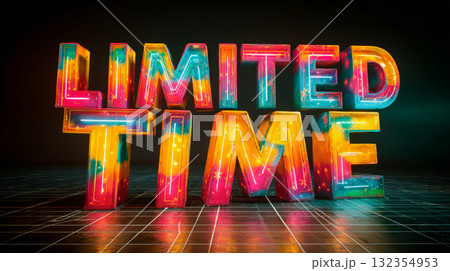With the phrase LIMITED TIME prominently displayed in large, colorful 3D letters. The background is dark with subtle grid lines, providing a stark contrast to the brightly lit text. 132354953