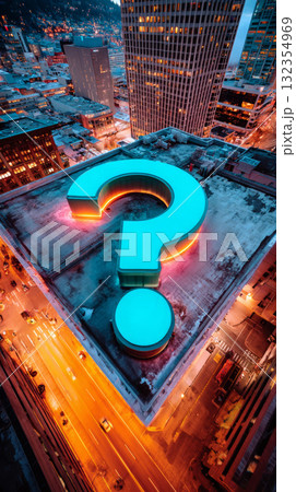 A large, illuminated question mark on a rooftop in an urban setting at night with city lights and traffic below 132354969