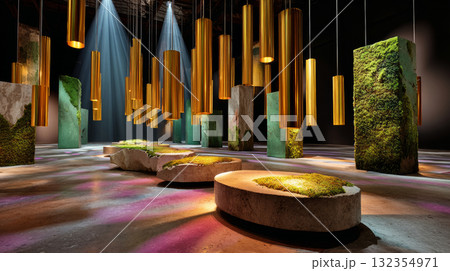 A series of golden cylindrical lights suspended from the ceiling in a modern art gallery setting, creating an ethereal atmosphere with their warm glow and reflections on moss-covered stone blocks A series of golden cylindrical lights suspended from the ceiling in a modern art gallery setting, creating an ethereal atmosphere with their warm glow and reflections on moss-covered stone blocks 132354971