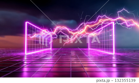 A futuristic scene with a neon pink color scheme. There are two open doors or portals on either side of a central pathway. 132355139