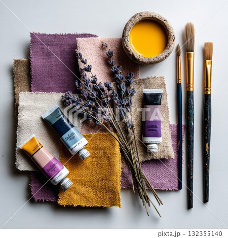 Featuring art supplies arranged on a textured surface. The main subject includes various paints in different shades, a paintbrush, a small bowl with yellow paint, and a bunch of lavender flowers. Featuring art supplies arranged on a textured surface. The main subject includes various paints in different shades, a paintbrush, a small bowl with yellow paint, and a bunch of lavender flowers. 132355140