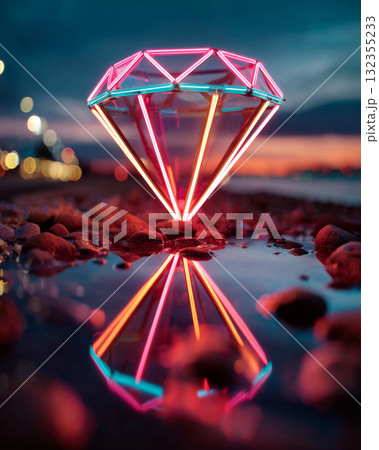 A neon-lit diamond on a rocky shore reflecting in the water at dusk with bokeh lights from distant city buildings and traffic 132355233