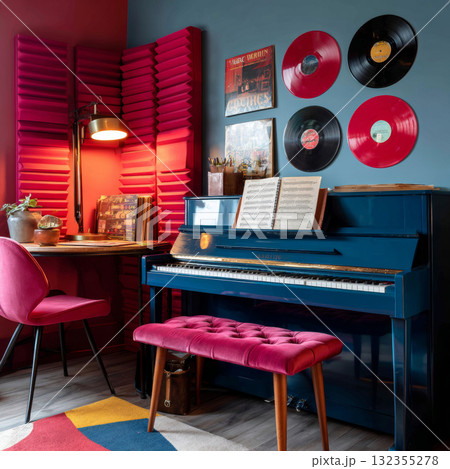 A vibrant and cozy music room with a blue grand piano, red vinyl records on the wall, pink padded panels, and colorful accents like a magenta chair and ottoman 132355278