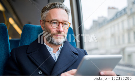 Mature man commuting by train and using digital tablet while sitting by window in winter coat 132355290