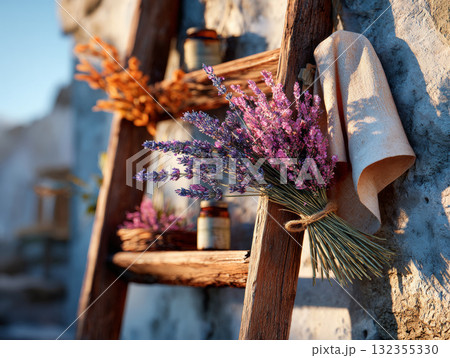 A rustic ladder with lavender flowers and dried herbs, evoking a sense of tranquility and natural beauty 132355330