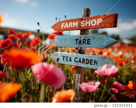 A rustic wooden signpost with directional arrows and text, set against a vibrant field of blooming flowers under a clear blue sky. A rustic wooden signpost with directional arrows and text, set against a vibrant field of blooming flowers under a clear blue sky. 132355331