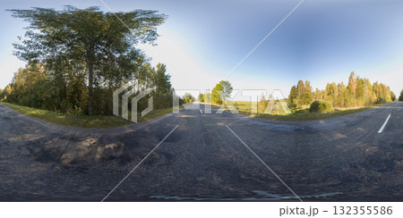 360 degree panorama of a country road along a field and forest. HDRI seamless spherical 360-degree panorama of an asphalt country road 360 degree panorama of a country road along a field and forest. HDRI seamless spherical 360-degree panorama of an asphalt country road 132355586