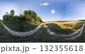 HDRI seamless spherical 360-degree panorama of beetroot leaves field. 360 degree panorama of a field with beetroot leaves and a forest path 132355618