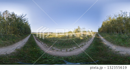 360 degree panorama of well-trodden path between forest and harvested field. HDRI seamless spherical 360-degree panorama of footpath 360 degree panorama of well-trodden path between forest and harvested field. HDRI seamless spherical 360-degree panorama of footpath 132355619