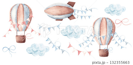 Air transport set. Airship or Dirigible, Hot Air Balloons with blue and pink pennants and Clouds. Watercolor Hand drawn Children's illustration isolated on white background. Vintage style. Design 132355663