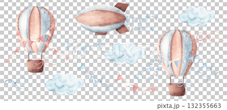 Air transport set. Airship or Dirigible, Hot Air Balloons with blue and pink pennants and Clouds. Watercolor Hand drawn Children's illustration isolated on white background. Vintage style. Design 132355663