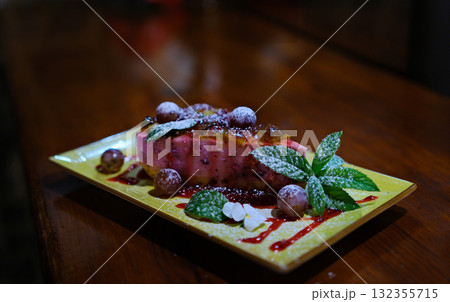 Dessert berries mint Homemade cheesecake with fresh berries and mint for dessert - healthy organic summer dessert pie cheesecake. Cheese cake. 132355715