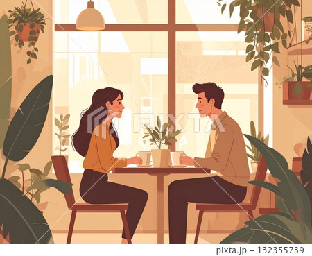 カフェで会話を楽しむ男女のイラスト｜温かい光と植物に囲まれたくつろぎのひととき 132355739