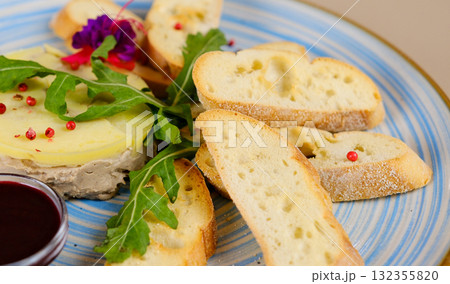 Tuscan appetizer croutons pate croutons with chicken liver. Closeup. 132355820