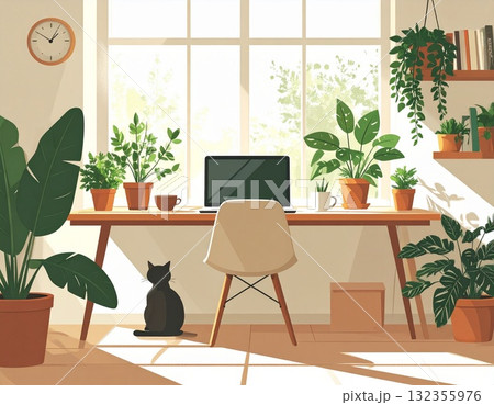 猫と観葉植物に囲まれた在宅ワークのイラスト|リラックスできるワークライフバランスの空間 猫と観葉植物に囲まれた在宅ワークのイラスト|リラックスできるワークライフバランスの空間 132355976