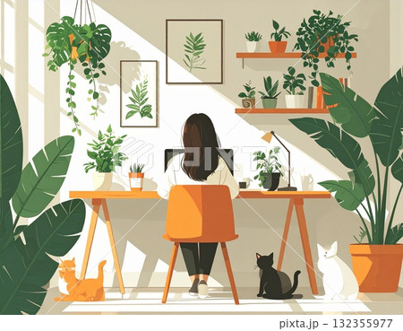 猫と観葉植物に囲まれた在宅ワークのイラスト｜リラックスできるワークライフバランスの空間 132355977
