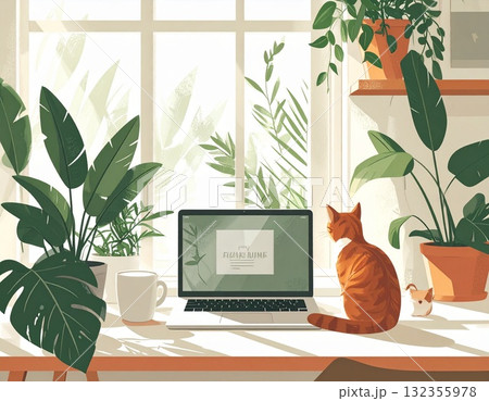 猫と観葉植物に囲まれた在宅ワークのイラスト｜リラックスできるワークライフバランスの空間 132355978