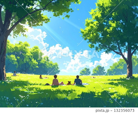 青空の下でくつろぐ人々とペットのいる公園の午後｜自然と調和する穏やかな時間 132356073