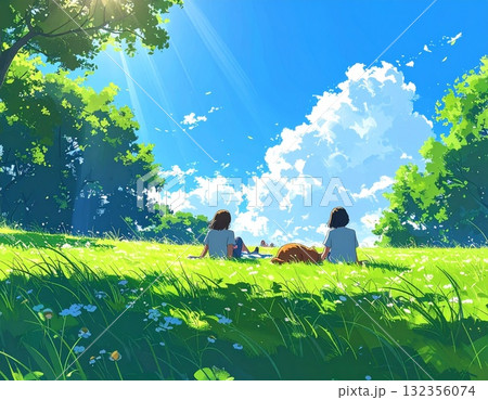 青空の下でくつろぐ人々とペットのいる公園の午後｜自然と調和する穏やかな時間 132356074