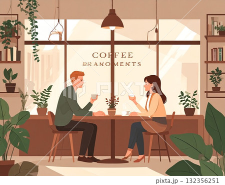 自然光と植物に囲まれたクリエイティブな仕事場のイラスト｜創作活動に集中する穏やかな時間 132356251