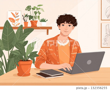 自然光と植物に囲まれたクリエイティブな仕事場のイラスト|創作活動に集中する穏やかな時間 自然光と植物に囲まれたクリエイティブな仕事場のイラスト|創作活動に集中する穏やかな時間 132356255