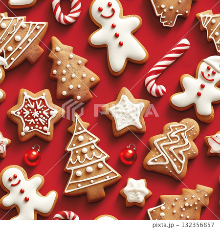 Gingerbread cookies arranged in a seamless pattern on a vibrant red background for winter celebration Gingerbread cookies arranged in a seamless pattern on a vibrant red background for winter celebration 132356857