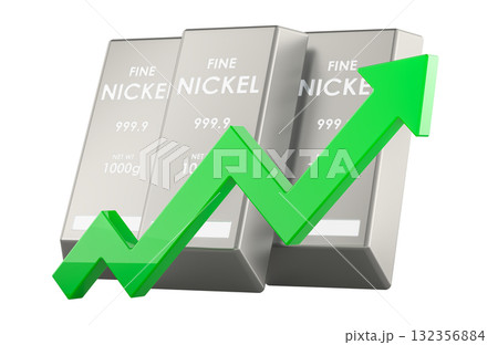 Nickel bullion bars with upward arrow, price growth concept. 3D rendering 132356884