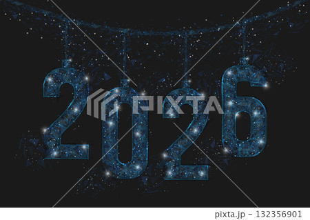 Abstract isolated blue image of new year number 2026. Polygonal low poly wireframe illustration looks like stars in the black night sky in space or flying glass shards. Digital web, internet design. 132356901