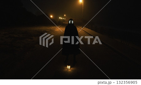 Mysterious Man With Walks Walks Down Street At Night On Halloween 132356905