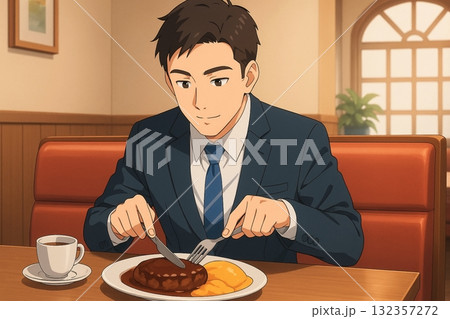 レストランでランチを楽しむスーツ姿の男性会社員 レストランでランチを楽しむスーツ姿の男性会社員 132357272