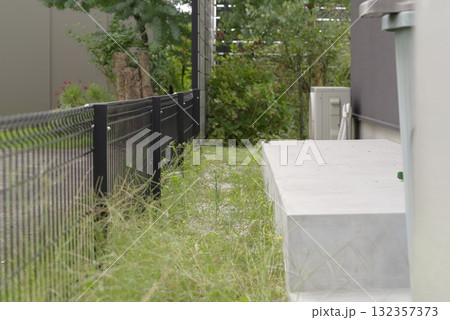 住宅のフェンス沿いに伸びた雑草 132357373