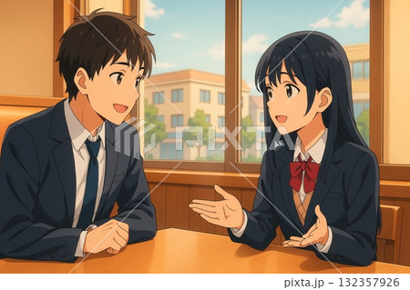 カフェで会話する学生たちの穏やかな昼下がり カフェで会話する学生たちの穏やかな昼下がり 132357926