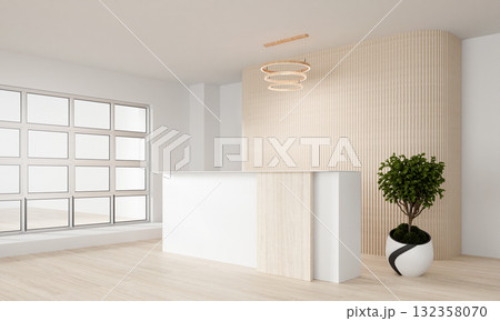 Modern office reception area design with natural elements, 3D render illustration. Modern office reception area design with natural elements, 3D render illustration. 132358070