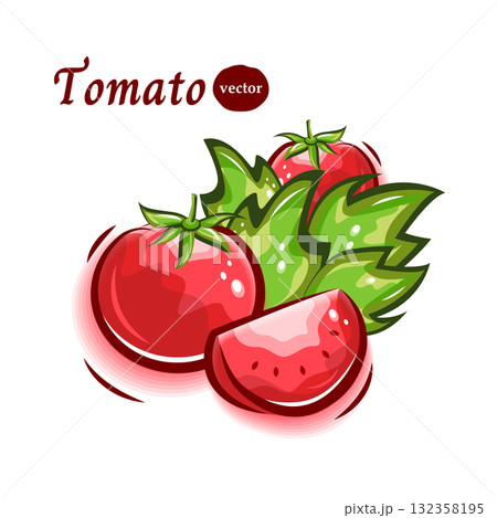 瑞々しい完熟トマトと葉のポップでキュートなイラスト 132358195