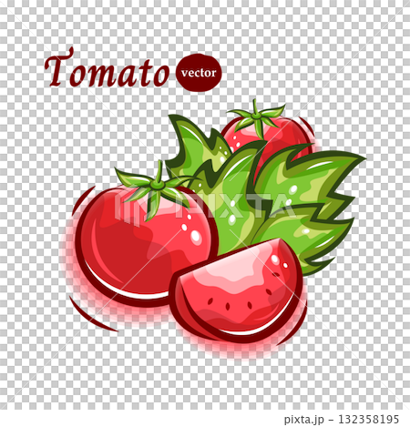 新鮮、成熟的西紅柿和樹葉的可愛而流行的插圖 132358195