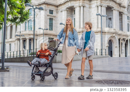 Mother tourist with her two sons in front of Palacio de Bellas Artes in Mexico City, enjoying family travel, architecture, and cultural heritage. Family travel and bonding concept 132358395