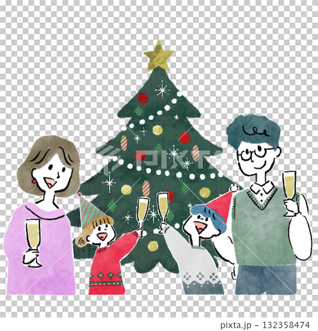 Illustration of a family of four toasting in front of a Christmas tree Christmas party Illustration of a family of four toasting in front of a Christmas tree Christmas party 132358474