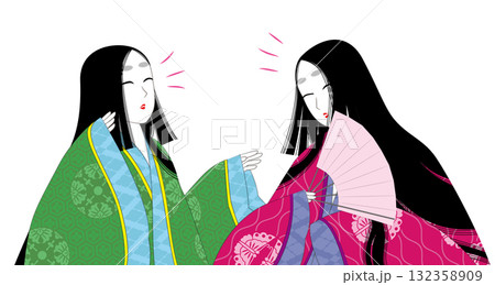 日本の伝統衣装「袿」。平安時代風の女性イラスト。笑いあう二人。 132358909