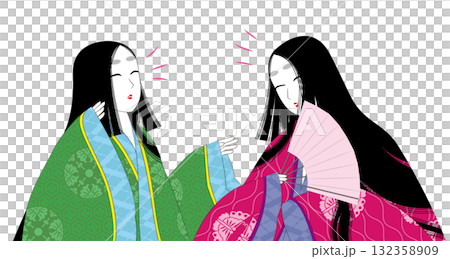 日本の伝統衣装「袿」。平安時代風の女性イラスト。笑いあう二人。 132358909