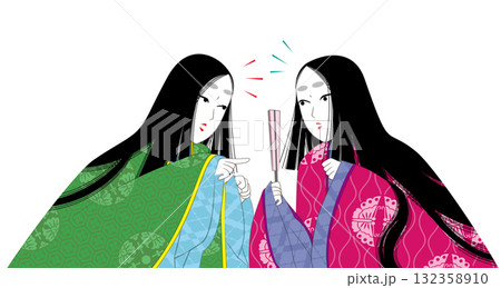 日本の伝統衣装「袿」。平安時代風の女性イラスト。口論する二人。 132358910