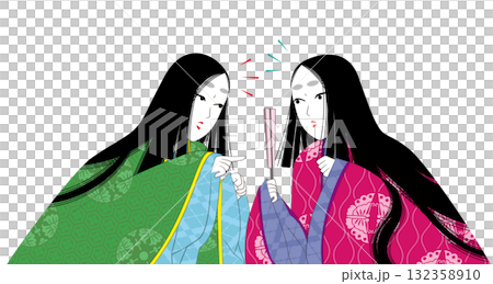 日本の伝統衣装「袿」。平安時代風の女性イラスト。口論する二人。 132358910