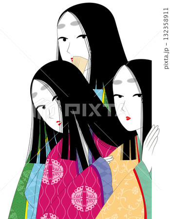 覗き見する3人。日本の伝統衣装「袿」。平安時代風の女性イラスト。 132358911
