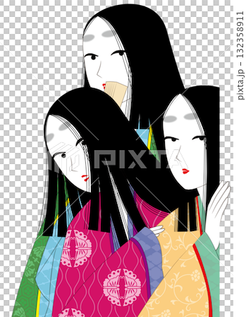 覗き見する3人。日本の伝統衣装「袿」。平安時代風の女性イラスト。 132358911
