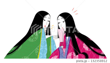 日本の伝統衣装「袿」。平安時代風の女性イラスト。ひそひそ話する二人。 日本の伝統衣装「袿」。平安時代風の女性イラスト。ひそひそ話する二人。 132358912