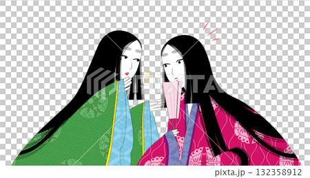 日本傳統服飾「團扇」。平安時代風格的女性插畫。兩人正在竊竊私語。 日本傳統服飾「團扇」。平安時代風格的女性插畫。兩人正在竊竊私語。 132358912